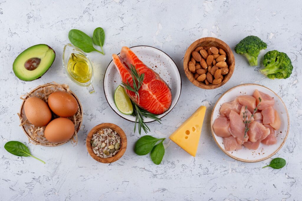 Healthy fats such as avocado, salmon, nuts, eggs and cheese.