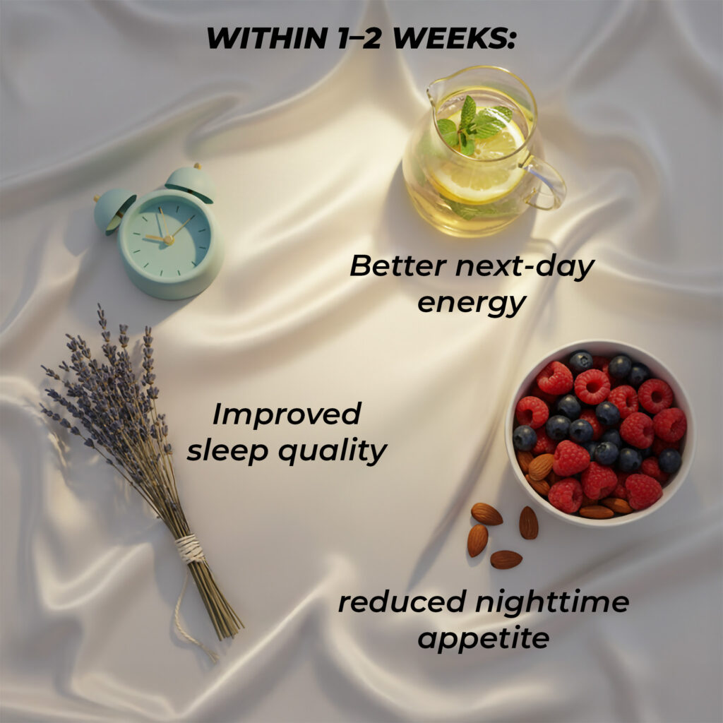 Within 1–2 weeks: •⁠ ⁠improved sleep quality •⁠ ⁠reduced nighttime appetite •⁠ ⁠better next-day energy