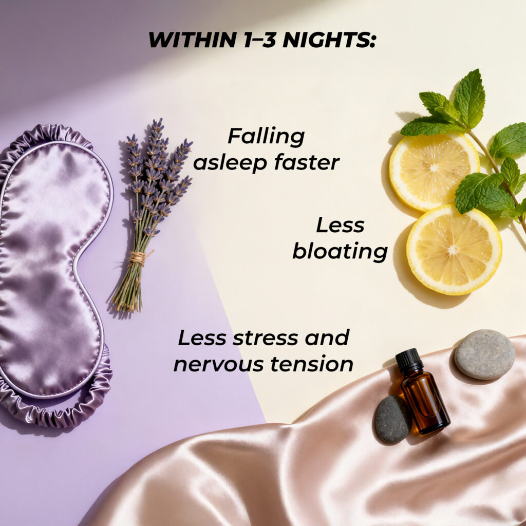 Within 1–3 nights: •⁠ ⁠falling asleep faster •⁠ ⁠less stress and nervous tension •⁠ ⁠less bloating
