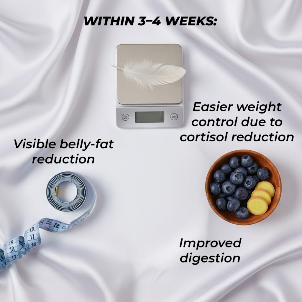 Within 3–4 weeks: •⁠ ⁠visible belly-fat reduction •⁠ ⁠improved digestion •⁠ ⁠easier weight control due to cortisol reduction