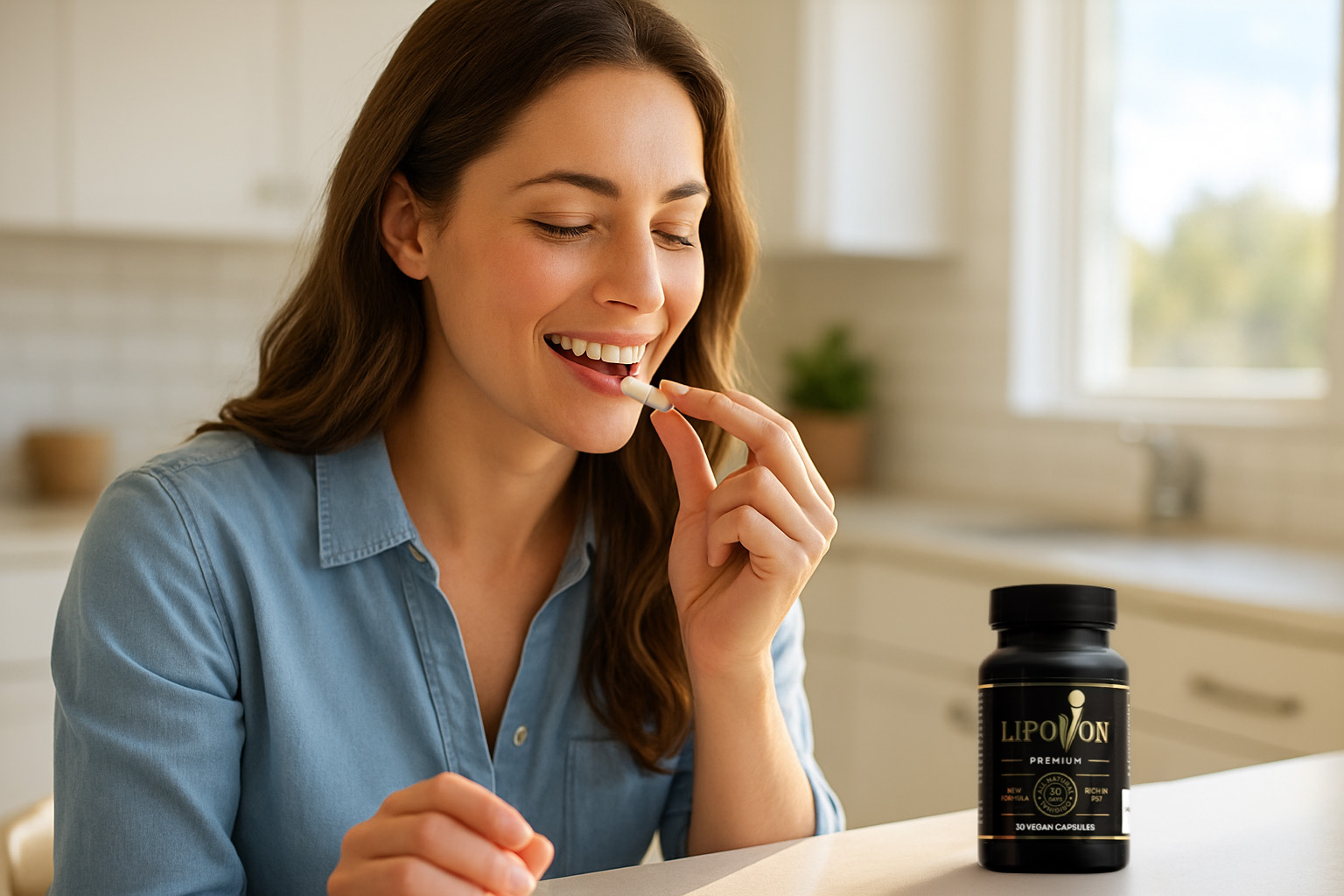 Woman drinking Lipovon Premium in the morning